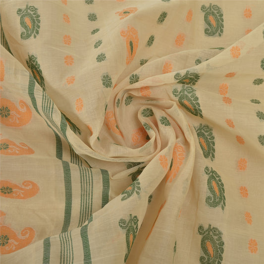 Sanskriti Vintage Cream Indian Sari Pure Cotton Woven Sarees Craft 5 Yard Sustainable Fabric