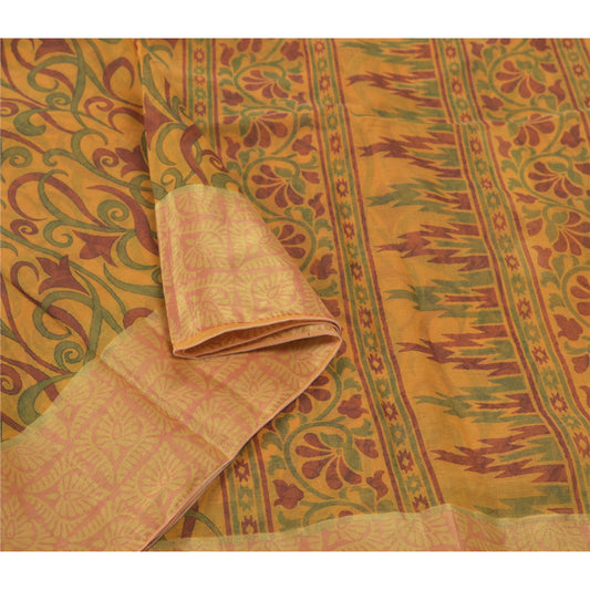 Sanskriti Vintage Yellow Sarees Cotton Printed Sari Premium Craft 5 Yard Sustainable Fabric
