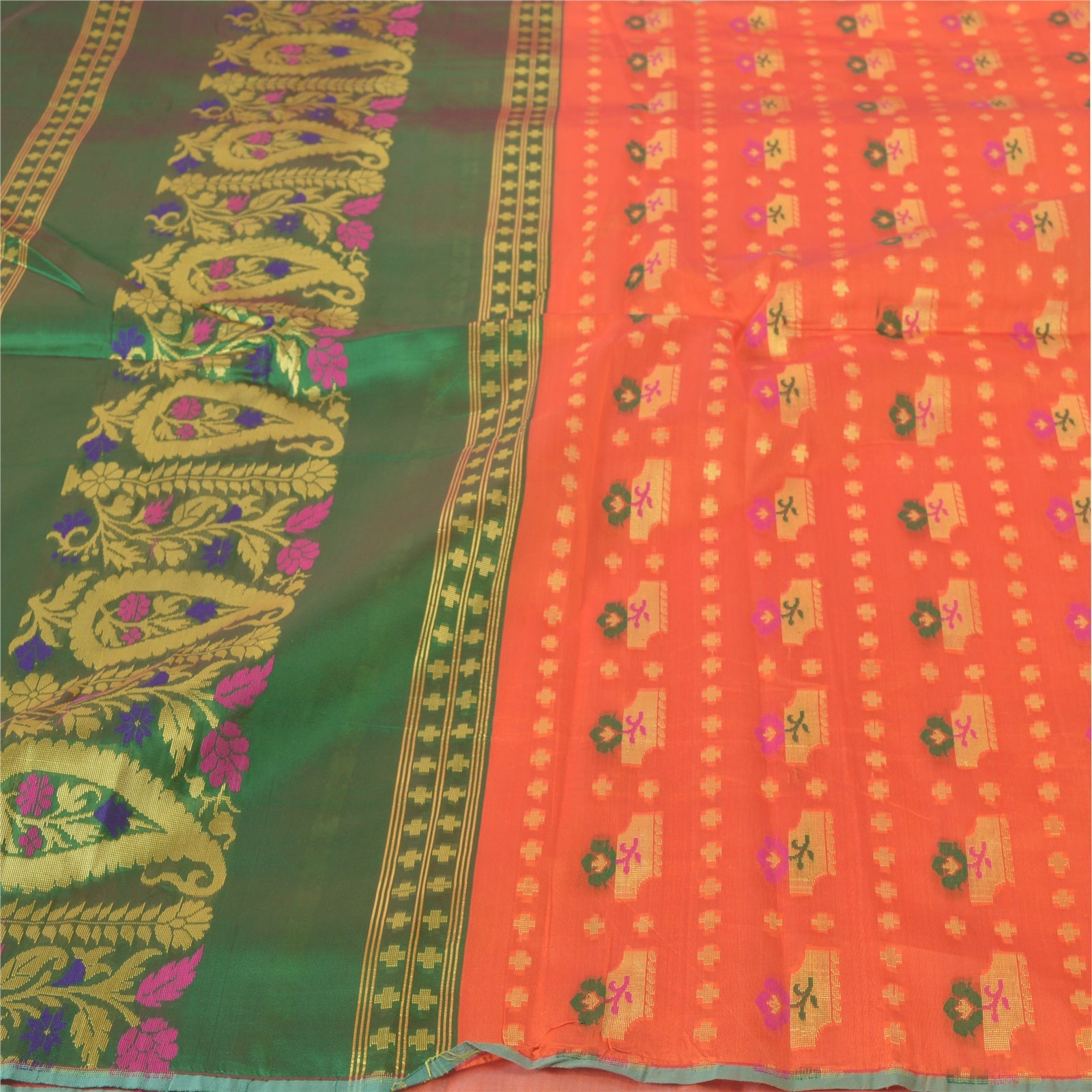 Санскрити Винтаж Оранжевый Индийское Сари Смесовый Шелк Сари Тканые Ремесла 5 Ярдов Экологичная Ткань
