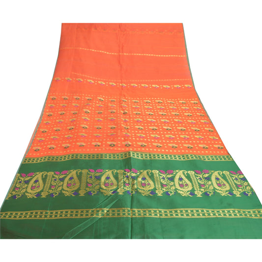 Sanskriti Vintage Orange Indian Sari Blend Silk Sarees Woven Craft 5 Yard Sustainable Fabric