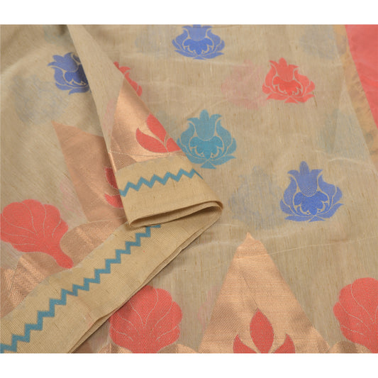 Sanskriti Vintage Cream Indian Sari Art Silk Sarees Woven Craft Premium Sustainable Fabric