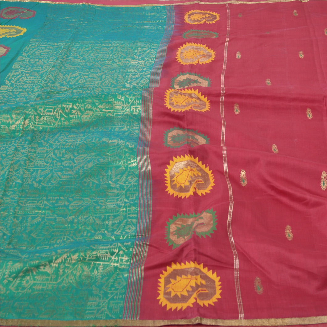 Sanskriti Vintage Dark Red Indian Sari Blend Cotton Woven Craft Sarees Fabric
