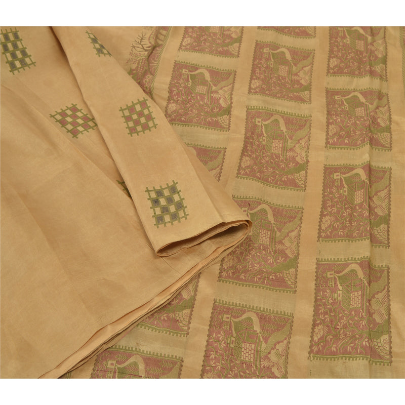 Sanskriti Vintage Cream Indian Sari Pure Silk Woven Sarees Premium Craft Sustainable Fabric