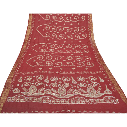 Sanskriti Vintage Dark Red Sarees Blend Georgette Handmade Sari Premium Sustainable Fabric