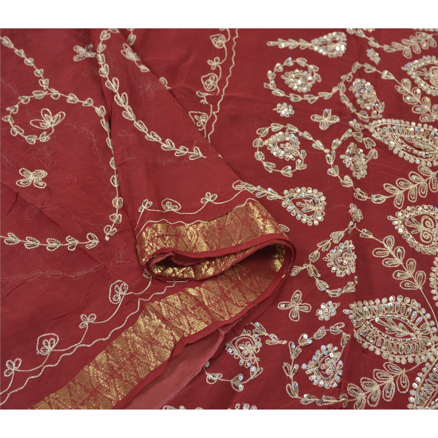 Sanskriti Vintage Dark Red Sarees Blend Georgette Handmade Sari Premium Sustainable Fabric