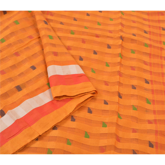 Sanskriti Vintage Saffron Sarees Cotton Woven Tant Sari Craft Premium Sustainable Fabric