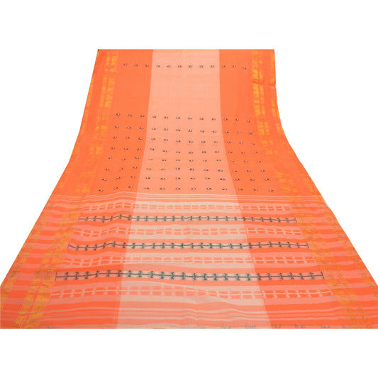 Sanskriti Vintage Orange Indian Sari Pure Cotton Hand Woven Craft Sarees Sustainable Fabric