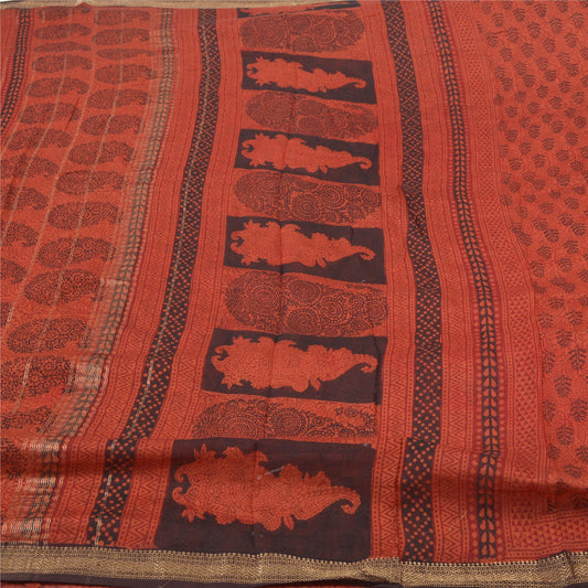 Sanskriti Vintage Rusty Orange Sarees Pure Cotton Block Print Sari Craft Sustainable Fabric
