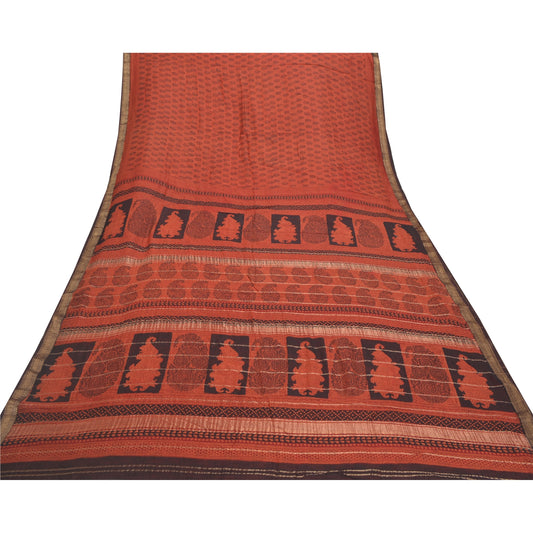 Sanskriti Vintage Rusty Orange Sarees Pure Cotton Block Print Sari Craft Sustainable Fabric