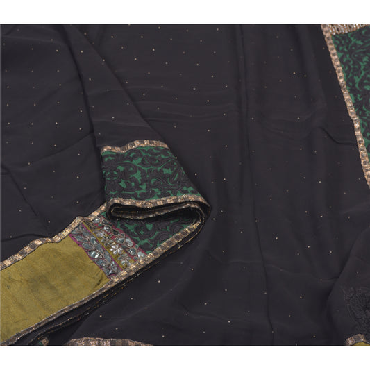 Sanskrit Vintage Sorte Sarees Blandet Georgette Håndlavet Kulturelt Håndværk Bæredygtigt Stoff