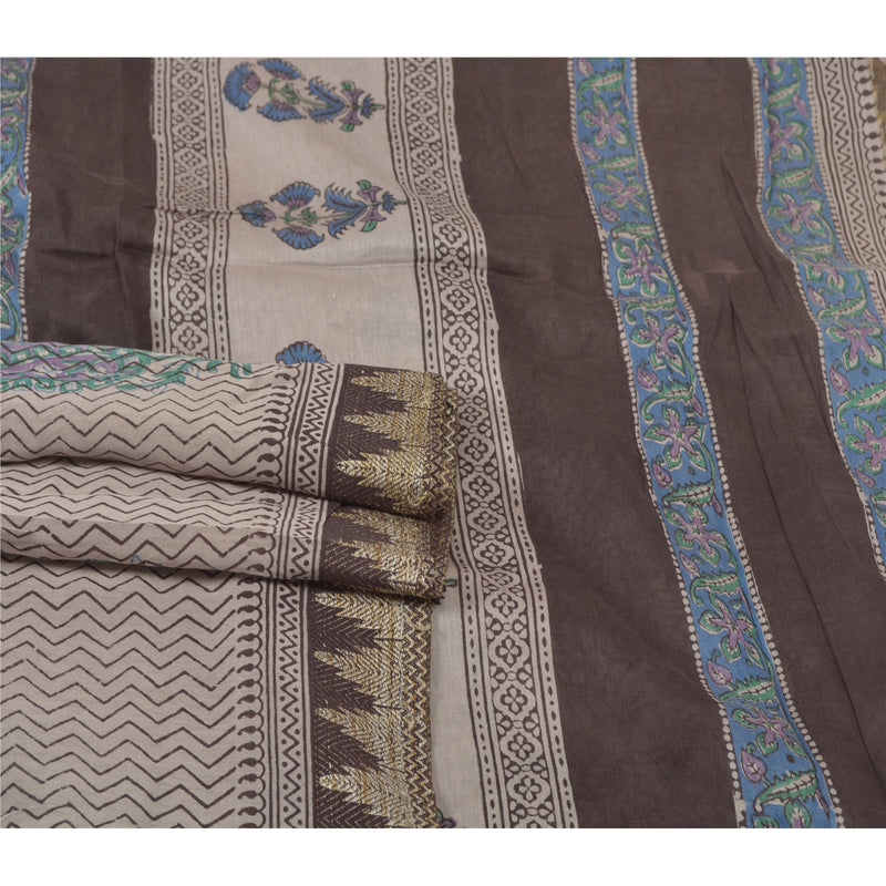 Sanskriti Vintage Cream Sarees Pure Cotton Block Print Kalamkari Sari Sustainable Fabric
