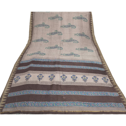 Sanskriti Vintage Cream Sarees Pure Cotton Block Print Kalamkari Sari Sustainable Fabric