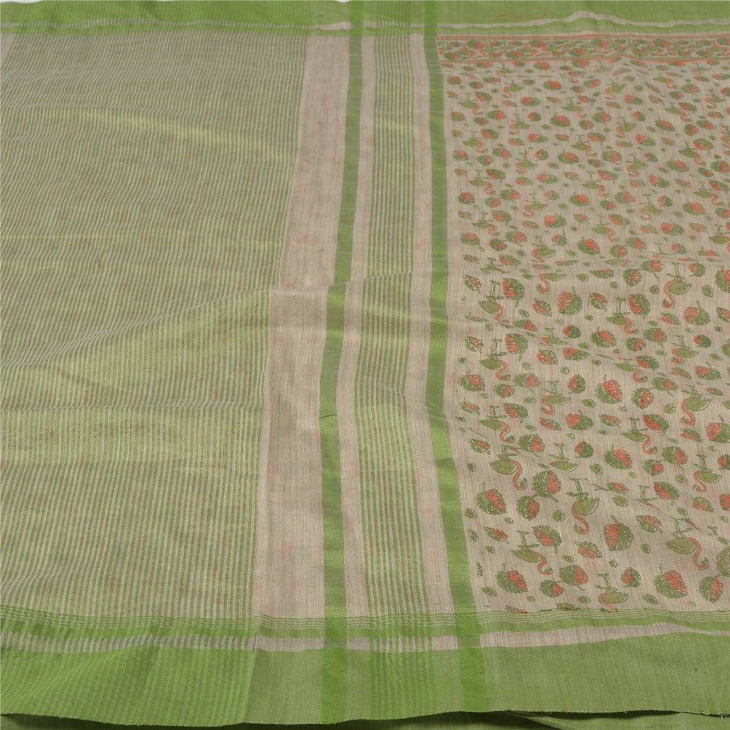 Sanskriti Vintage Cream Indian Sari Cotton Printed & Woven Sarees Craft Fabric