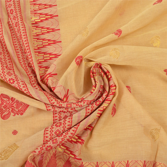 Sanskriti Vintage Beige Indian Sari Pure Cotton Hand Woven Sarees Premium Sustainable Fabric