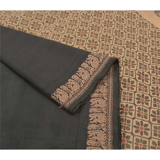 Sanskriti Vintage Black Sarees Blend Cotton Woven Chetinard Peacock Sari Sustainable Fabric