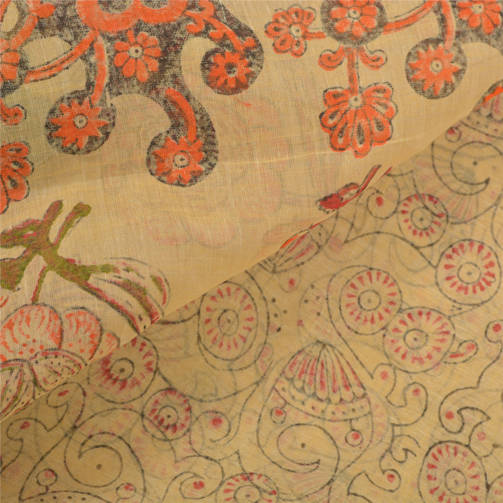 Sanskriti Vintage Sari 100% Pure Cotton Cream Saree Printed Indian 5 yard Craft Fabric Indian Heritage Textile Craft Supplies Material