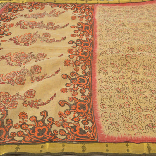 Sanskriti Vintage Cream Sarees Pure Cotton Printed Indian Sari Craft Sustainable Fabric