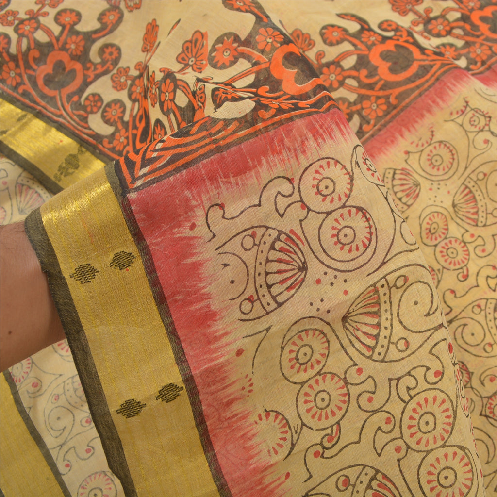 Sanskriti Vintage Sari 100% Pure Cotton Cream Saree Printed Indian 5 yard Craft Fabric Indian Heritage Textile Craft Supplies Material