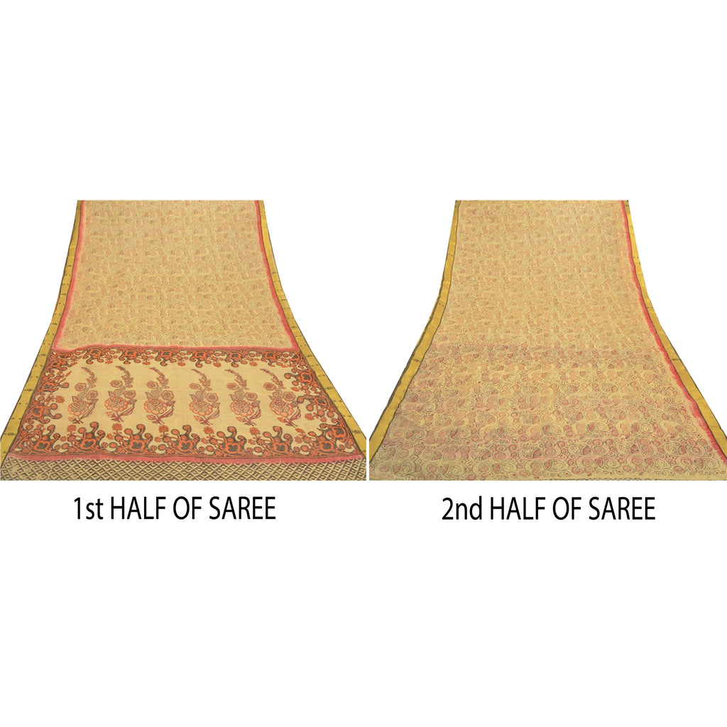 Sanskriti Vintage Sari 100% Pure Cotton Cream Saree Printed Indian 5 yard Craft Fabric Indian Heritage Textile Craft Supplies Material