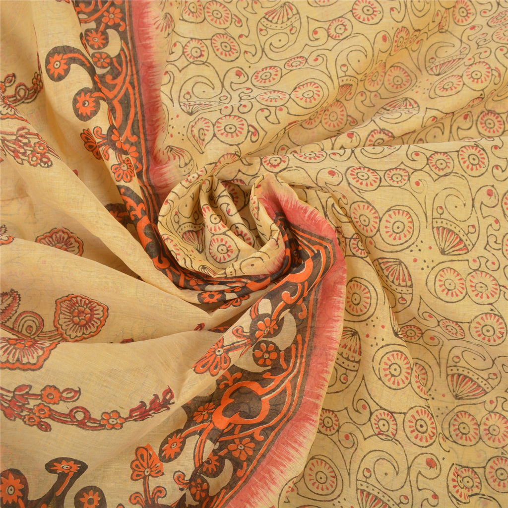 Sanskriti Vintage Sari 100% Pure Cotton Cream Saree Printed Indian 5 yard Craft Fabric Indian Heritage Textile Craft Supplies Material