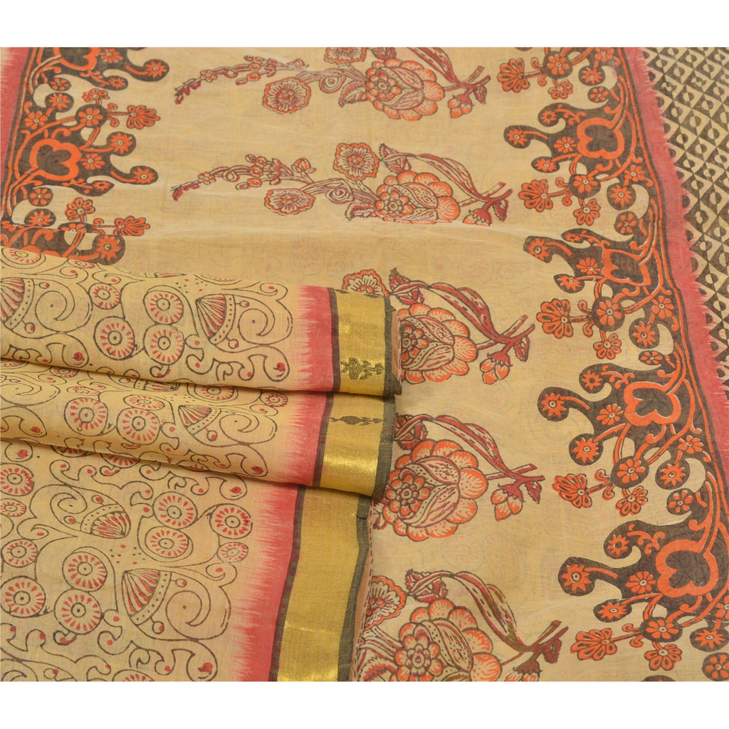Sanskriti Vintage Sari 100% Pure Cotton Cream Saree Printed Indian 5 yard Craft Fabric Indian Heritage Textile Craft Supplies Material