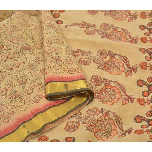 Sanskriti Vintage Cream Sarees Pure Cotton Printed Indian Sari Craft Sustainable Fabric