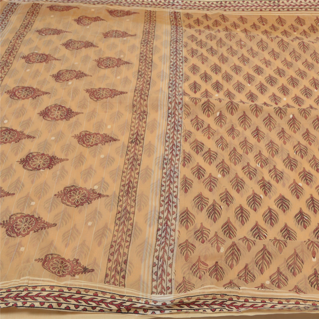 Sanskriti Vintage Peach Indian Sari Blend Cotton Block Printed Sarees Fabric