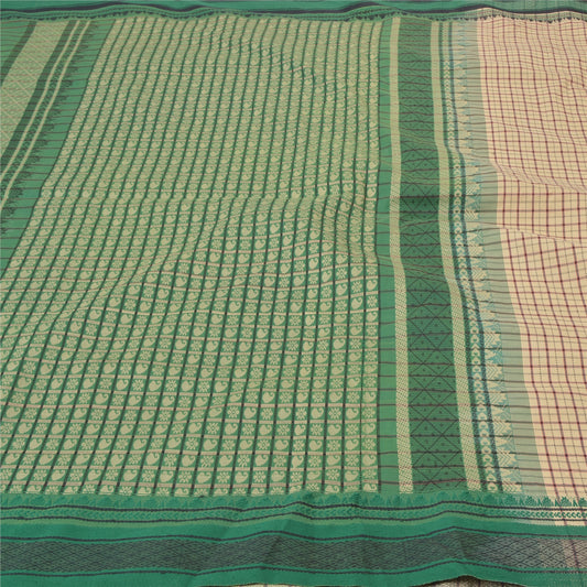 Sanskriti Vintage Cream Sarees Blend Cotton Hand Woven Indian Sari Craft Sustainable Fabric