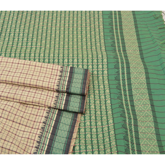 Sanskriti Vintage Cream Sarees Blend Cotton Hand Woven Indian Sari Craft Sustainable Fabric