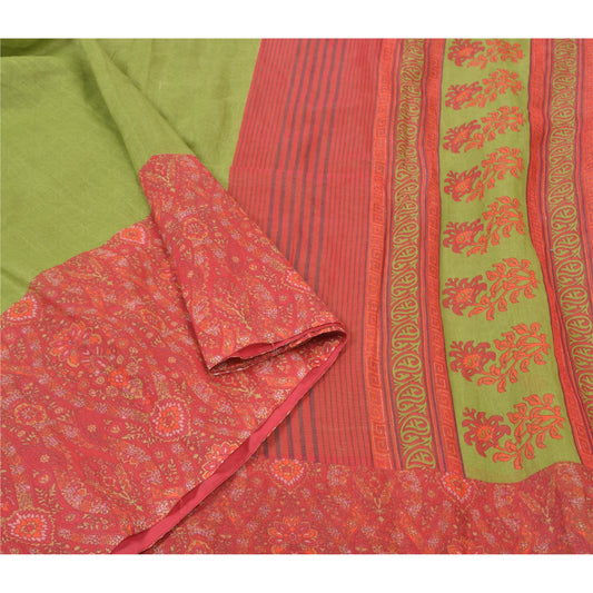 Sanskriti Vintage Green Sarees Cotton Printed Indian Sari Craft 5 Yard Sustainable Fabric