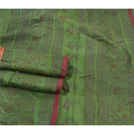 Sanskriti Vintage Green Sarees Pure Silk Block Print Premium Sari 5 Yard Sustainable Fabric