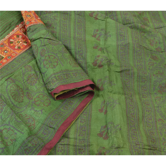Sanskriti Vintage Green Sarees Pure Silk Block Print Premium Sari 5 Yard Sustainable Fabric