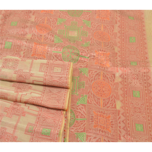 Sanskriti Vintage Cream Sarees Art Silk Woven Premium Sari Craft 5 Yard Sustainable Fabric