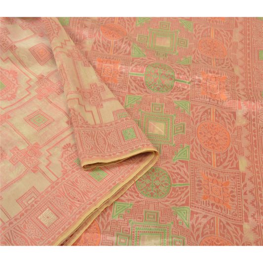 Sanskriti Vintage Cream Sarees Art Silk Woven Premium Sari Craft 5 Yard Sustainable Fabric