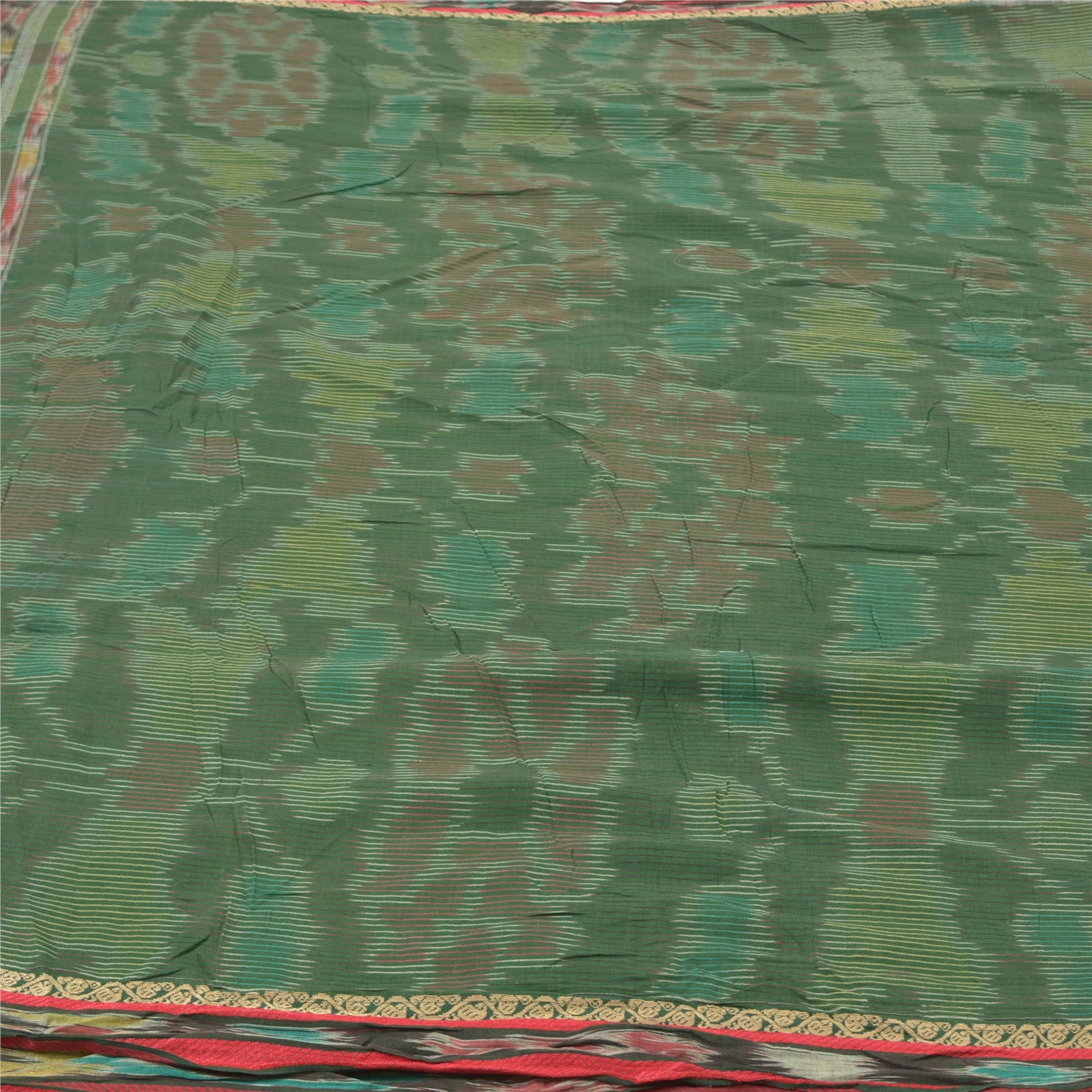 Sanskriti Vintage Grøn Sambalpuri Ikat Sarees Håndvævet Ren Bomuld Sari Bæredygtigt stof