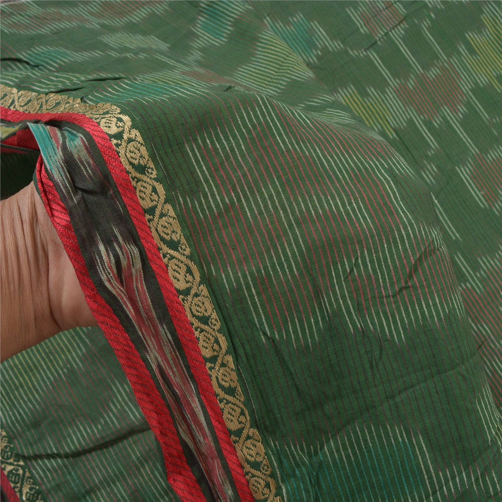 Sanskriti Vintage Grøn Sambalpuri Ikat Sarees Håndvævet Ren Bomuld Sari Bæredygtigt stof