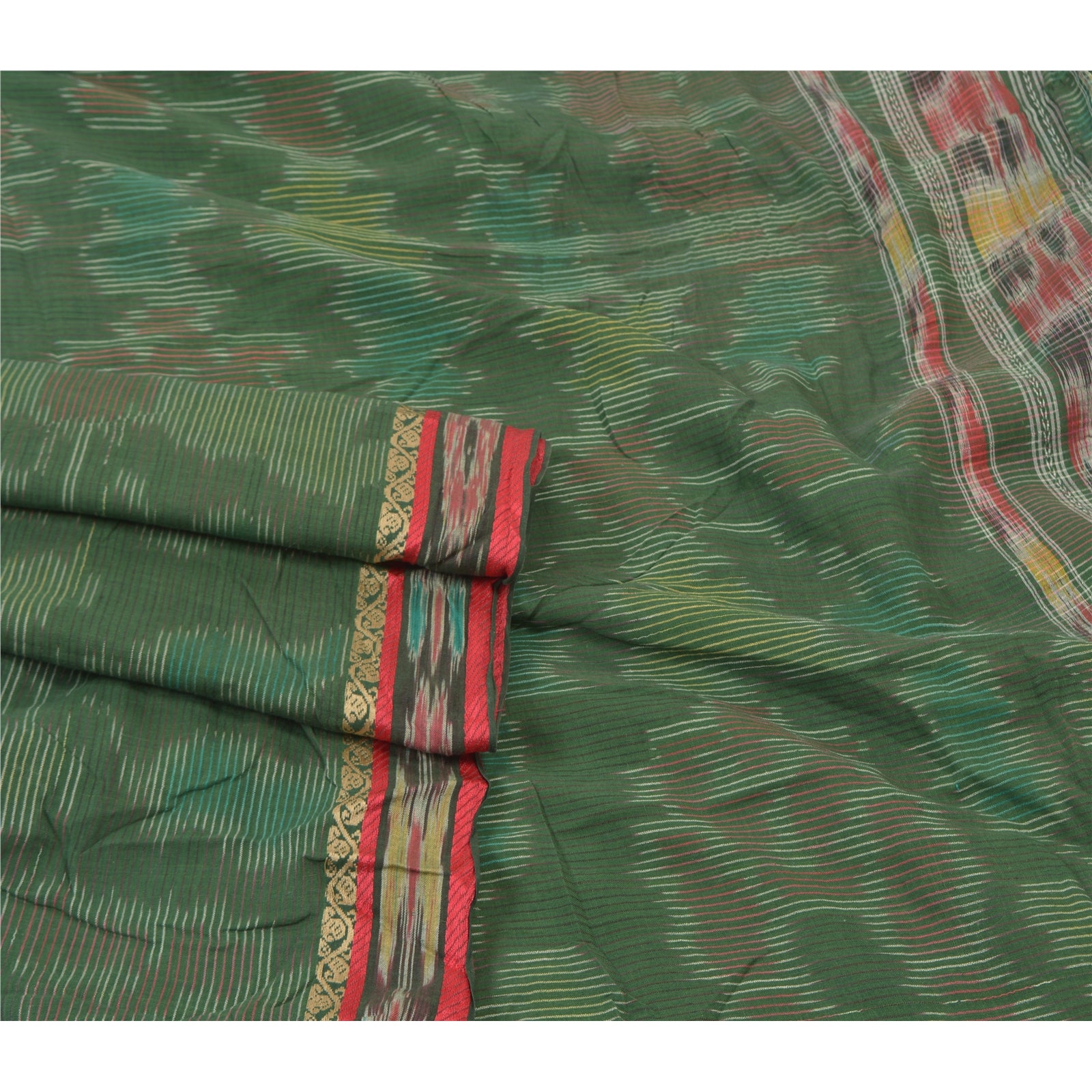 Sanskriti Vintage Grøn Sambalpuri Ikat Sarees Håndvævet Ren Bomuld Sari Bæredygtigt stof