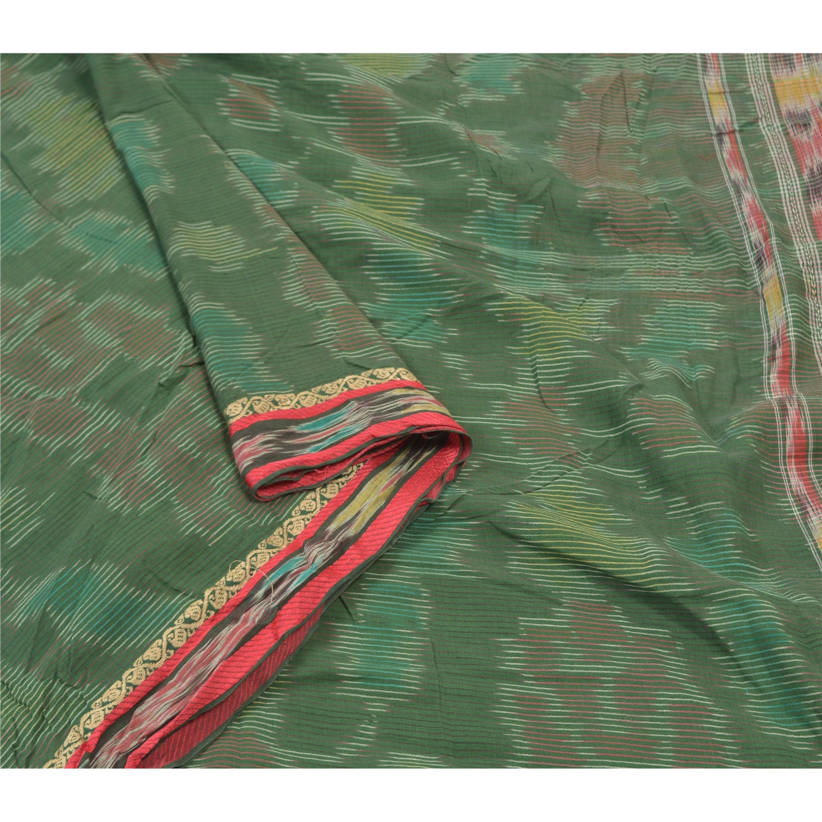 Sanskriti Vintage Grøn Sambalpuri Ikat Sarees Håndvævet Ren Bomuld Sari Bæredygtigt stof