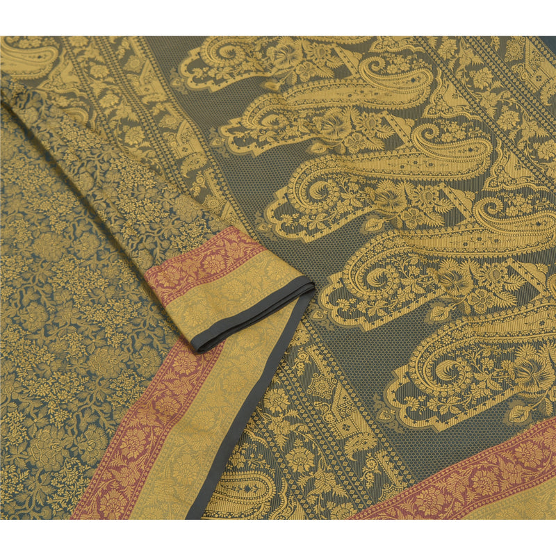 Sanskriti Vintage Green Art Silk Tanchoi Sari Fabric: Handwoven Paisley Floral Design by Design- Dresses, Kaftans, Skirts, or Blouses, Projects