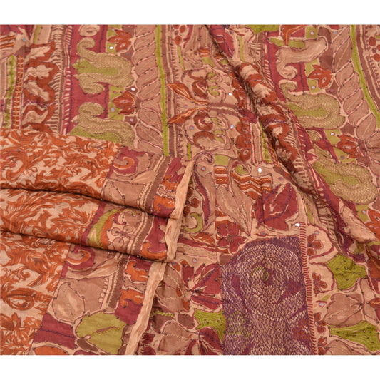 Sanskriti Vintage Brown Sarees Pure Silk Hand Beaded Sari Premium Craft Sustainable Fabric