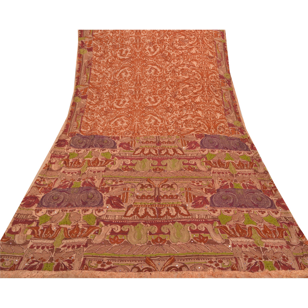 Sanskriti Vintage Brown Sarees Pure Silk Hand Beaded Sari Premium Craft Sustainable Fabric