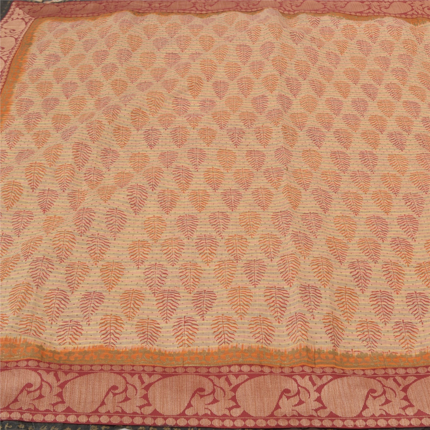 Sanskriti Vintage Cream Sarees Pure Cotton Block Print Premium Craft Sari Sustainable Fabric