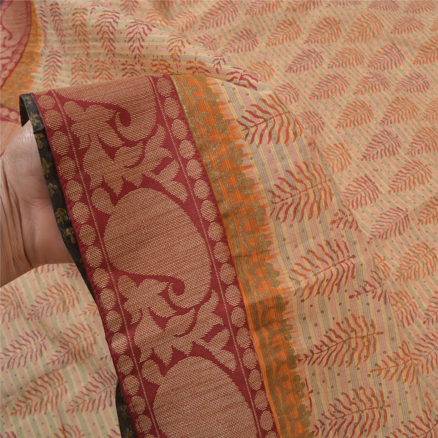 Sanskriti Vintage Cream Sarees Pure Cotton Block Print Premium Craft Sari Sustainable Fabric