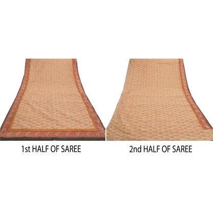 Sanskriti Vintage Cream Sarees Pure Cotton Block Print Premium Craft Sari Sustainable Fabric