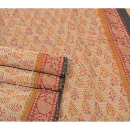 Sanskriti Vintage Cream Sarees Pure Cotton Block Print Premium Craft Sari Sustainable Fabric
