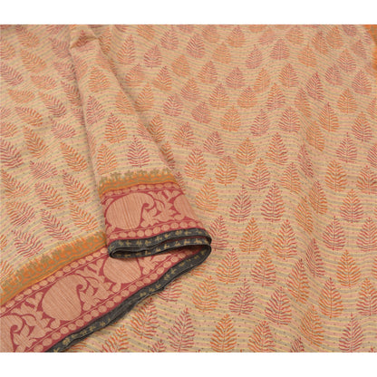 Sanskriti Vintage Cream Sarees Pure Cotton Block Print Premium Craft Sari Sustainable Fabric
