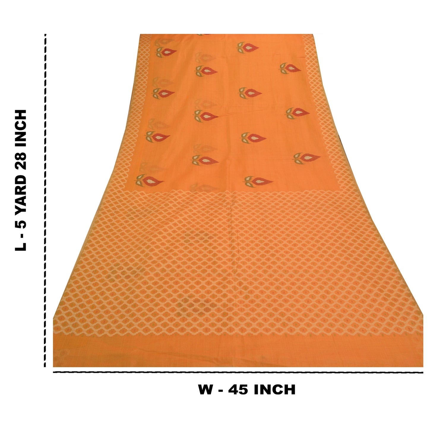 Sanskriti Vintage Sindhi Embroidered Saffron Cotton Sari Fabric: Floral Kota Border Indian Heritage Textile Craft Supplies Material & Upcyclers