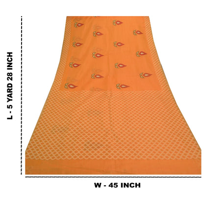Sanskriti Vintage Sindhi Embroidered Saffron Cotton Sari Fabric: Floral Kota Border Indian Heritage Textile Craft Supplies Material & Upcyclers