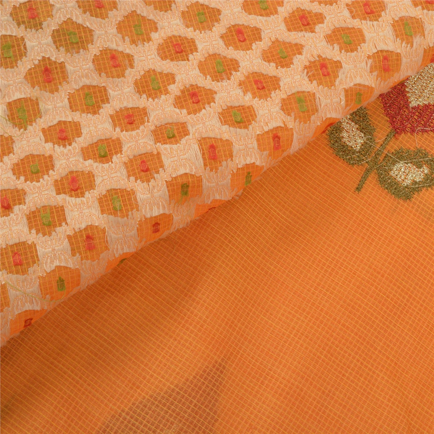 Sanskriti Vintage Sindhi Embroidered Saffron Cotton Sari Fabric: Floral Kota Border Indian Heritage Textile Craft Supplies Material & Upcyclers