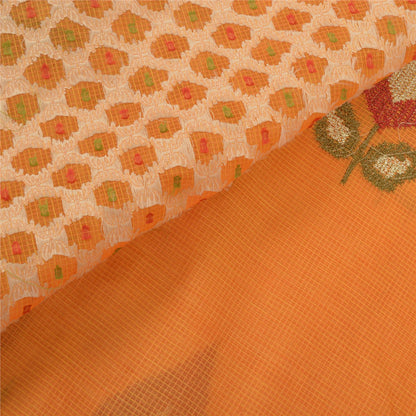 Sanskriti Vintage Sindhi Embroidered Saffron Cotton Sari Fabric: Floral Kota Border Indian Heritage Textile Craft Supplies Material & Upcyclers